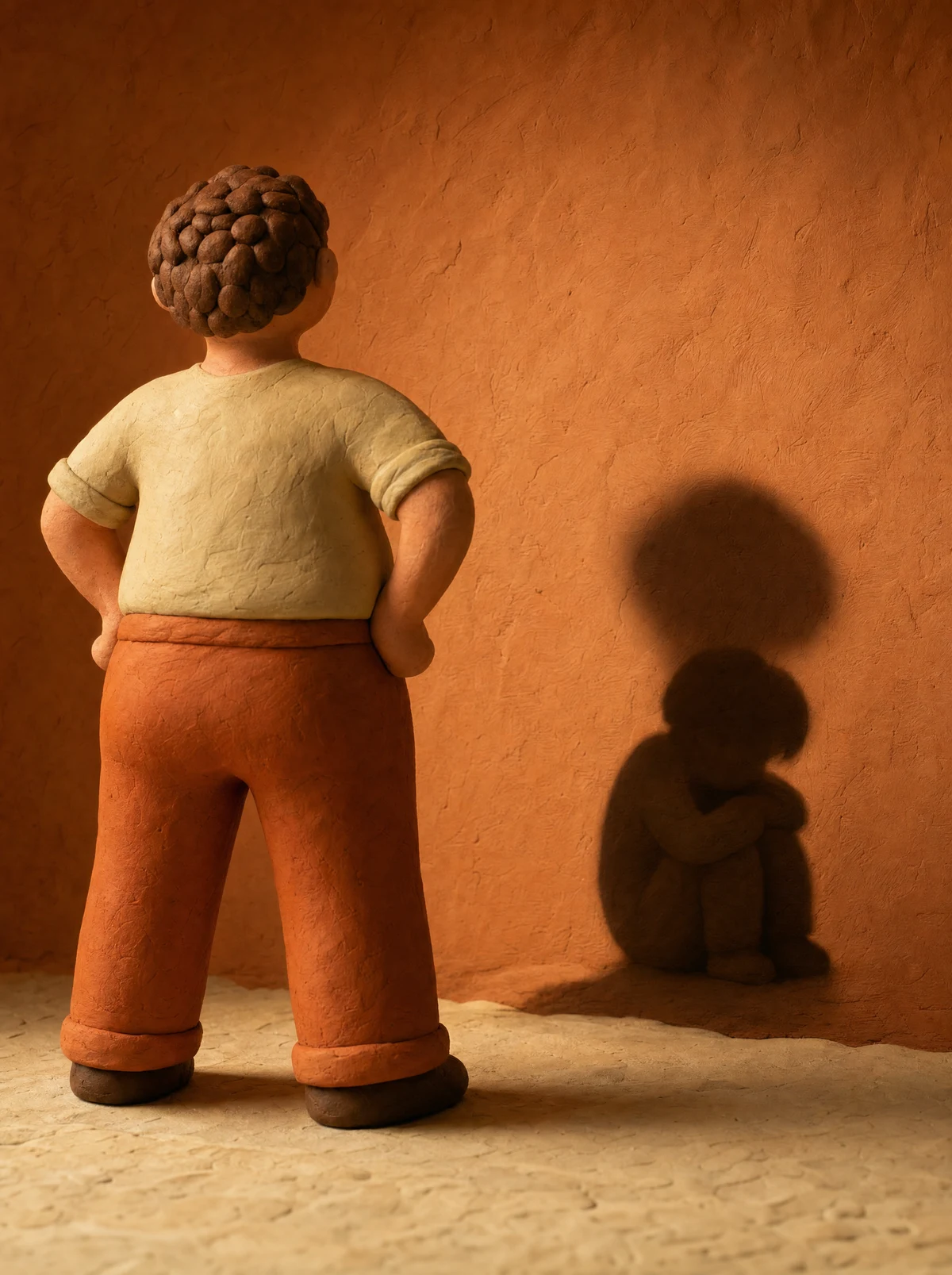 A clay figure standing tall, while its shadow on the wall shows a small child curled up